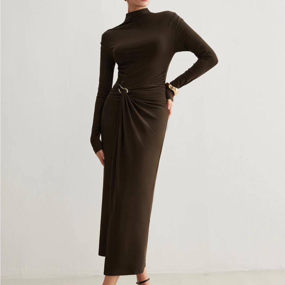 Commense Brown Ruched Long Sleeve Sheath Dress